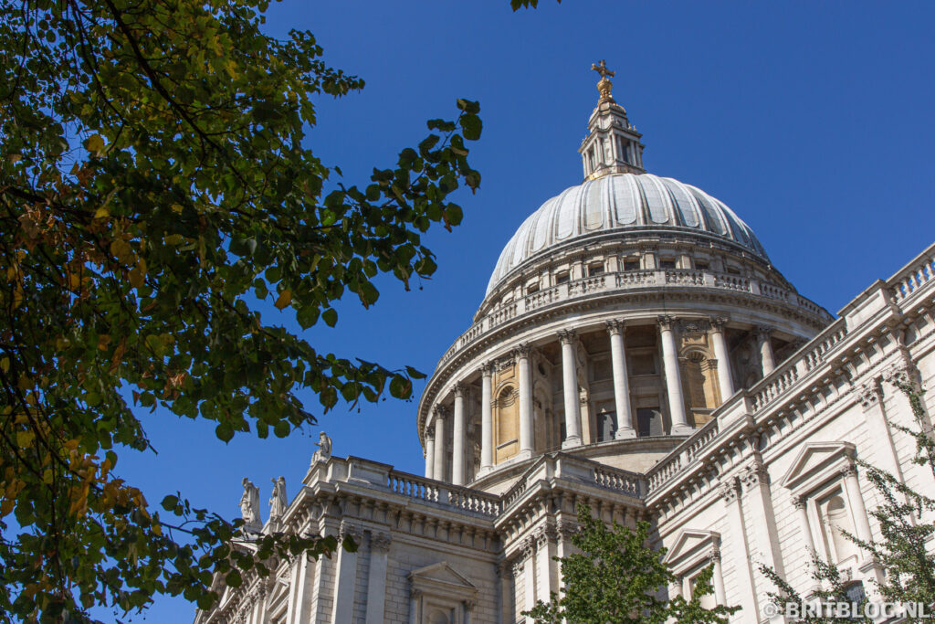 Zijaanzicht van de imposante koepel van St. Paul’s Cathedral in Londen, met blauwe lucht en groene bladeren op de voorgrond