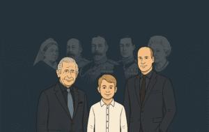 Illustratie van koning Charles III, prins George en prins William; op de achtergrond in grijstinten Victoria, Edward VII, George V, George VI en Elizabeth II.