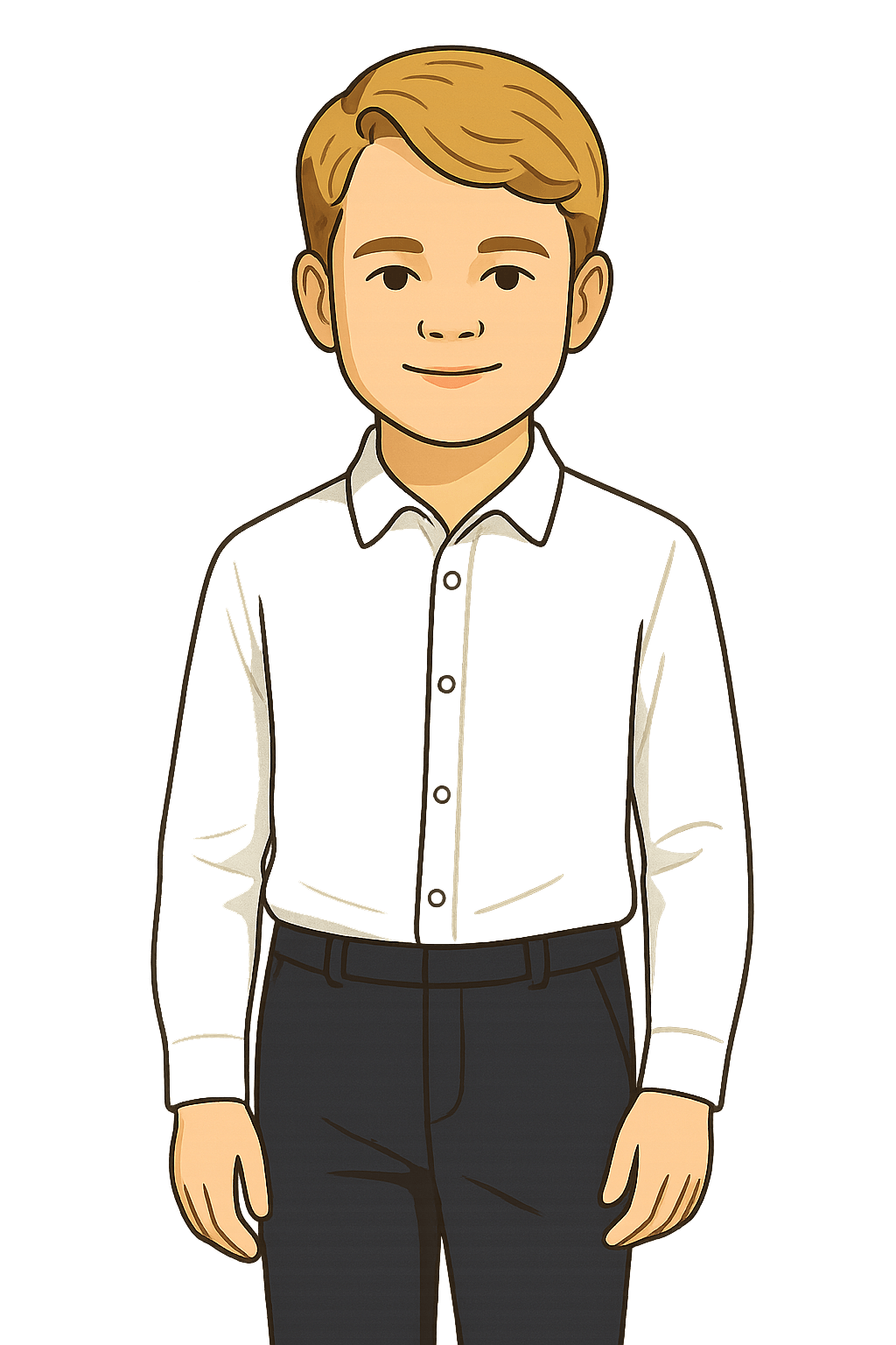 Illustratie van prins George in witte blouse en donkerblauwe broek, frontaal