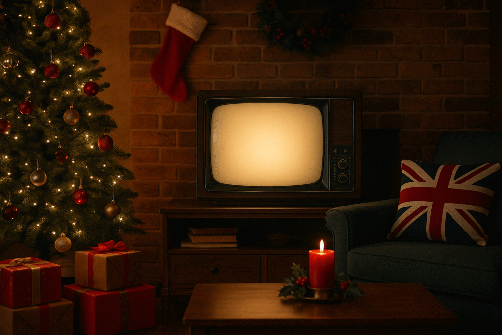 Een vintage televisie in een Britse woonkamer met kerstboom, lichtjes en Union Jack-kussen, als sfeervolle verwijzing naar traditionele Britse kerstcommercials.