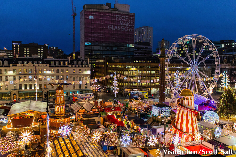 Kerstmarkt in Glasgow, een van de vele evenementen in deze levendige stad.