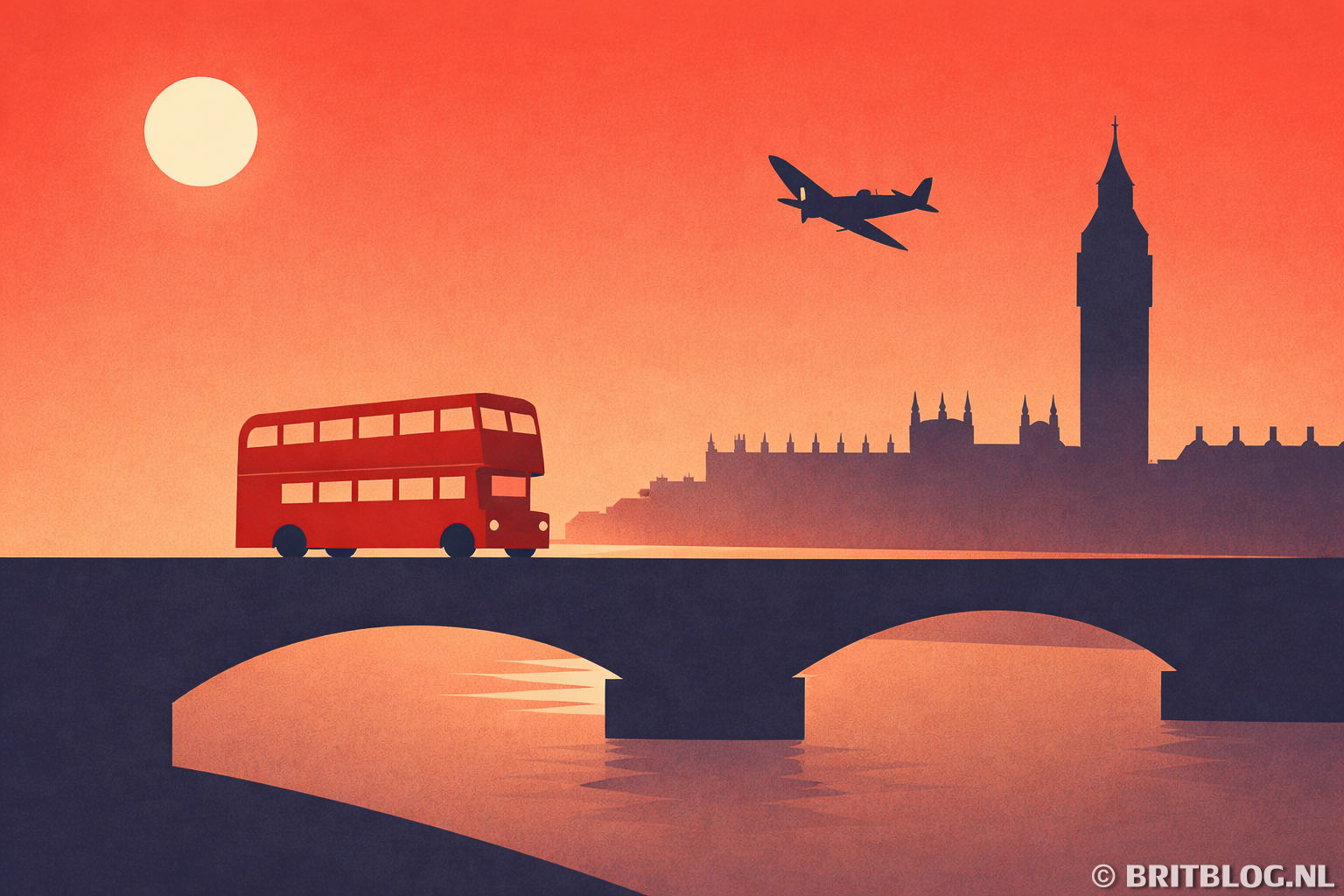 Een tekening van Engeland in de 20e eeuw met het parlementsgebouw, een oorlogsvliegtuig en bus