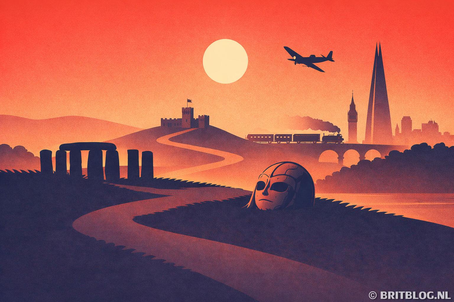 Tekening met hoogtepunten uit de Britse geschiedenis zoals Sutton Hoo's masker, Stonehenge, een kasteel, de trein en Londense skyline.