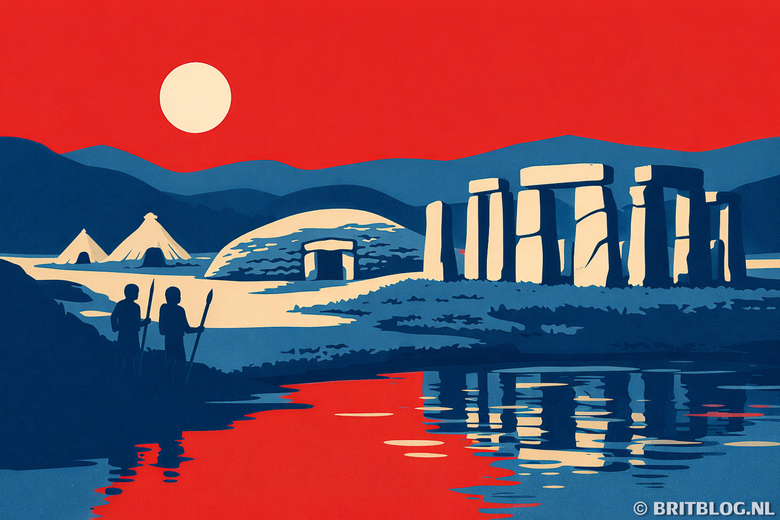 Tekening van prehistorisch Engeland met Stonehenge, jagers en hutjes.