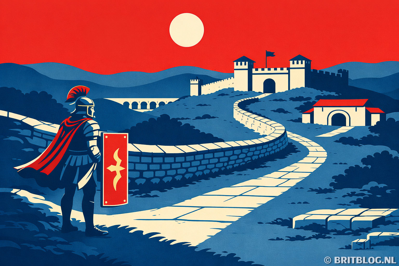 Tekening van Romeins Brittannia met een soldaat, muur en fort.