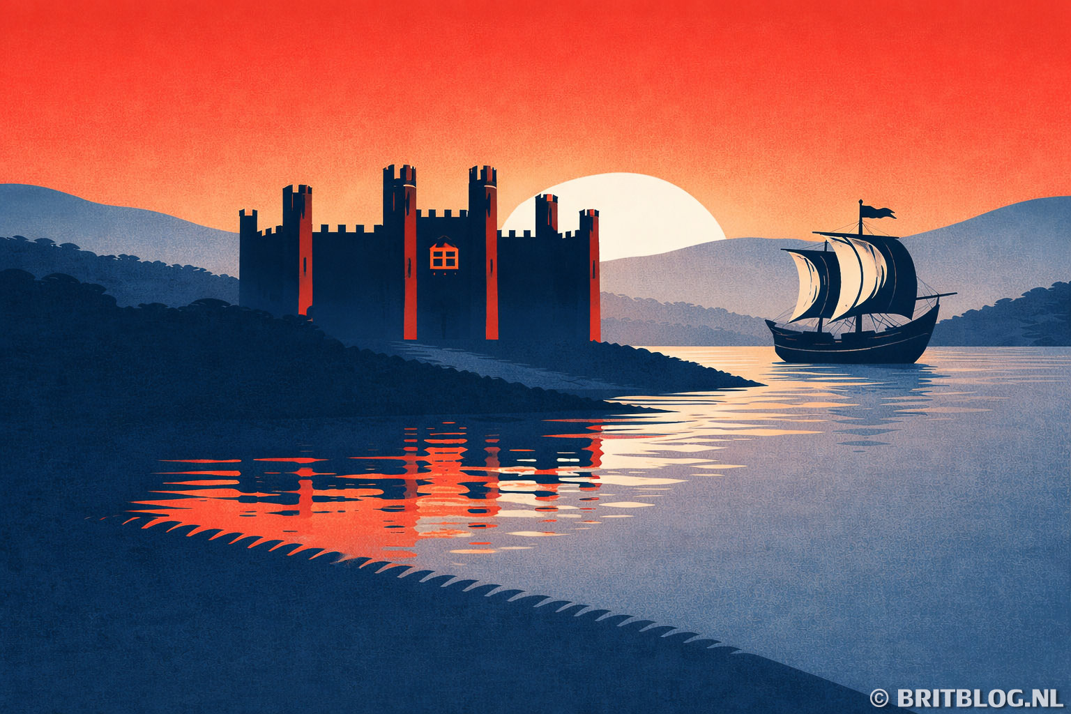 Tekening van de Tudor tijd in Engeland met een kasteel en zeilschip.