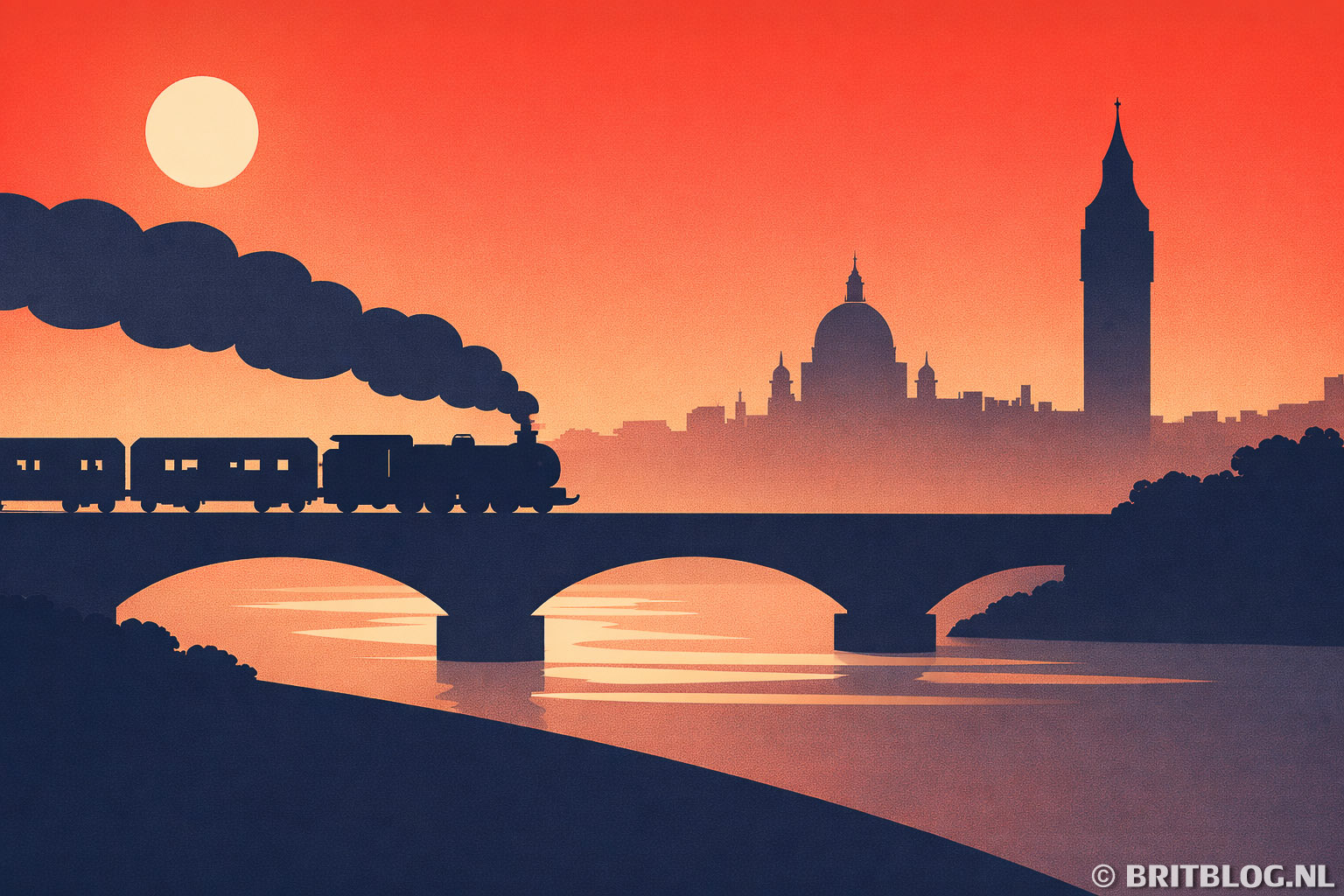 Tekening van Engeland in de Victoriaanse tijd met de skyline van Londen en de stoomtrein